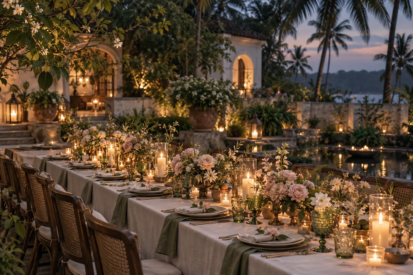 A candlelit table waiting for friends in a garden courtyard